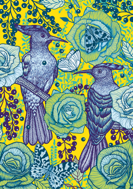 Blue Birds & Flowers on Yellow