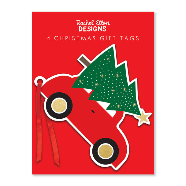 Tag Die-Cut - Pk4 Christmas Car Tree (Gold Foil) 