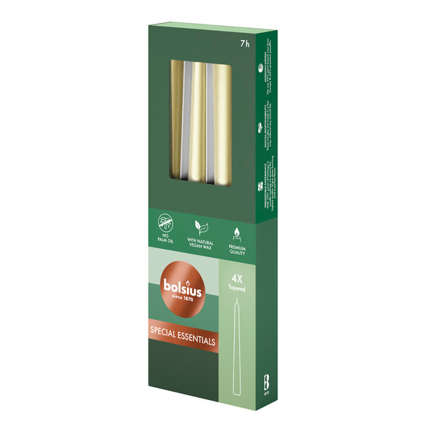 Essentials Tapered Candles (Box 4) Metallic Silver - 245mm x24Ø 7.5hr
