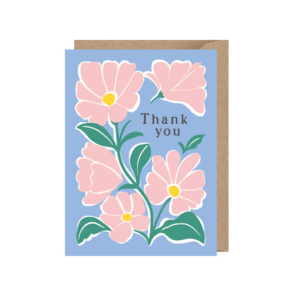 Small Card TY- Pink Flowers on Blue (95 x 127mm)