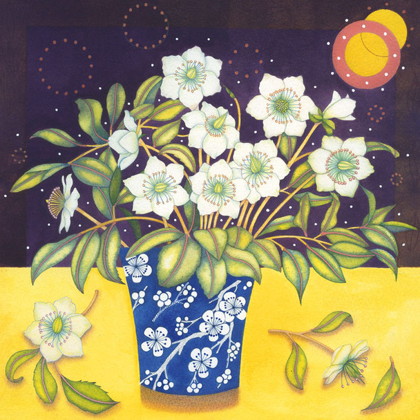 Christmas Roses in a Blue Vase
