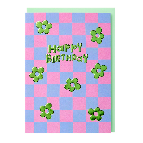 HB- Flowers Check Blue Purple (Embossed, Green Foil)