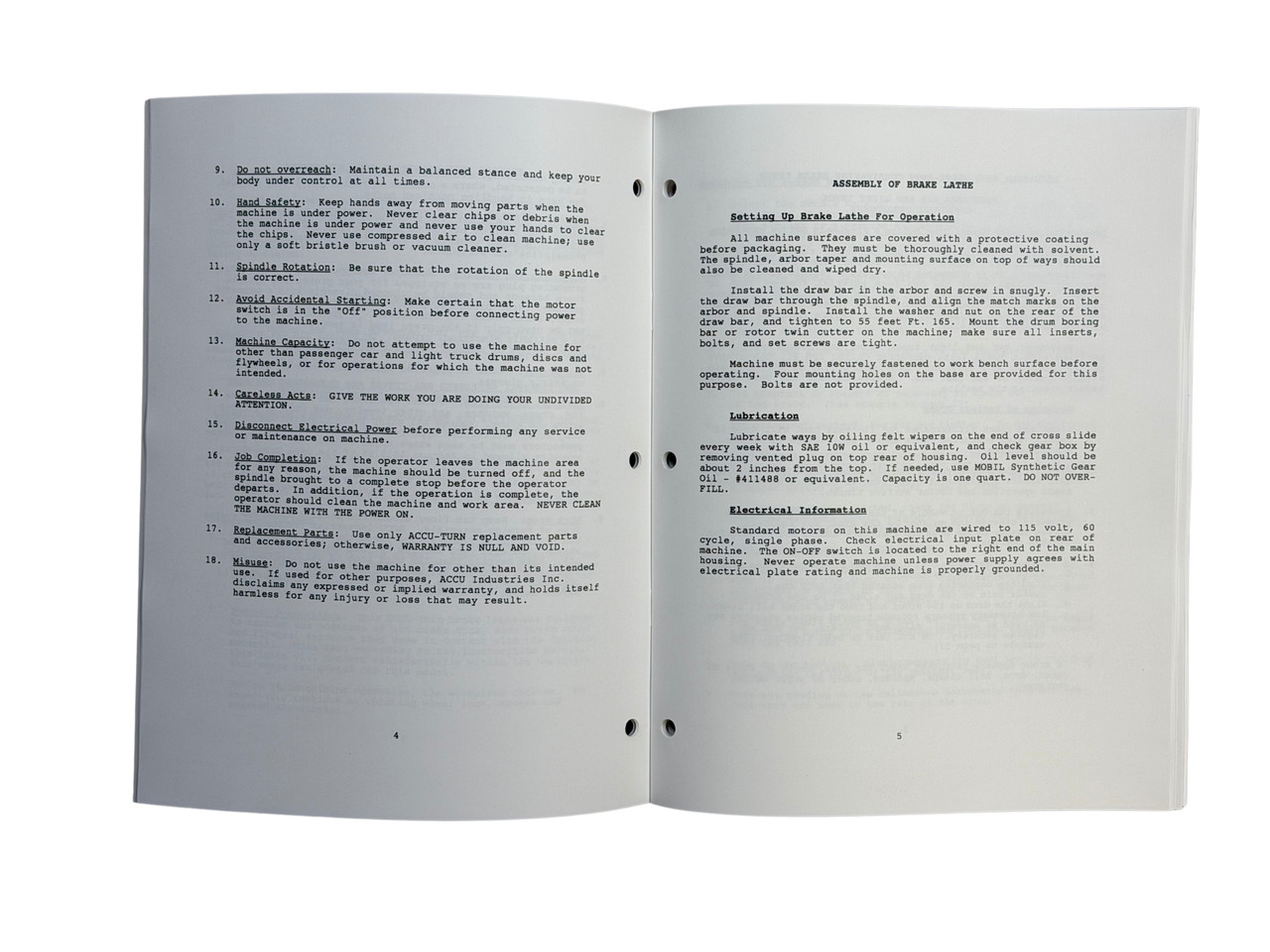 Accu Turn Model 8989 Brake Lathe Manual
