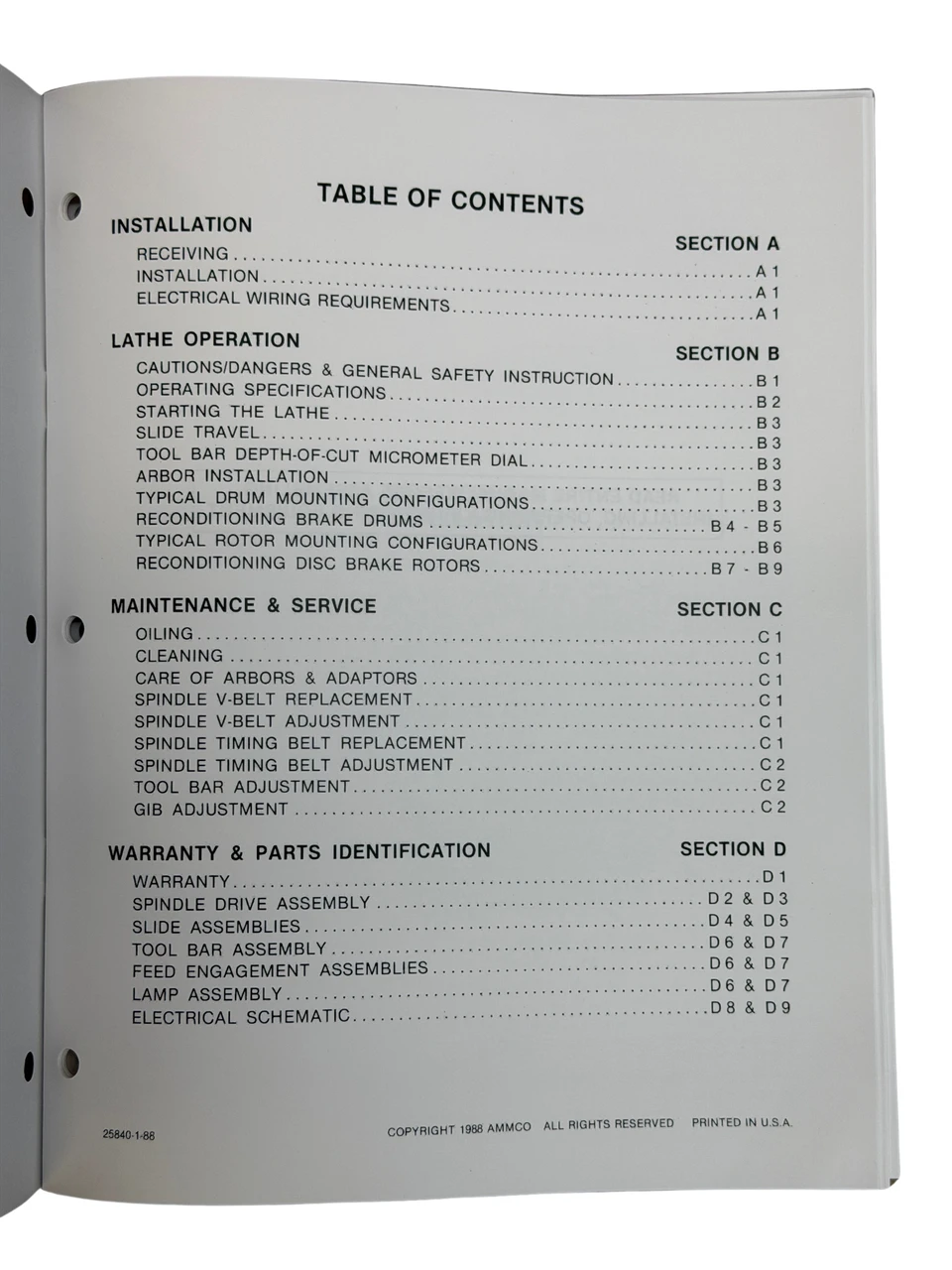 Ammco Model 1000 Brake Lathe Instruction and Parts Manual