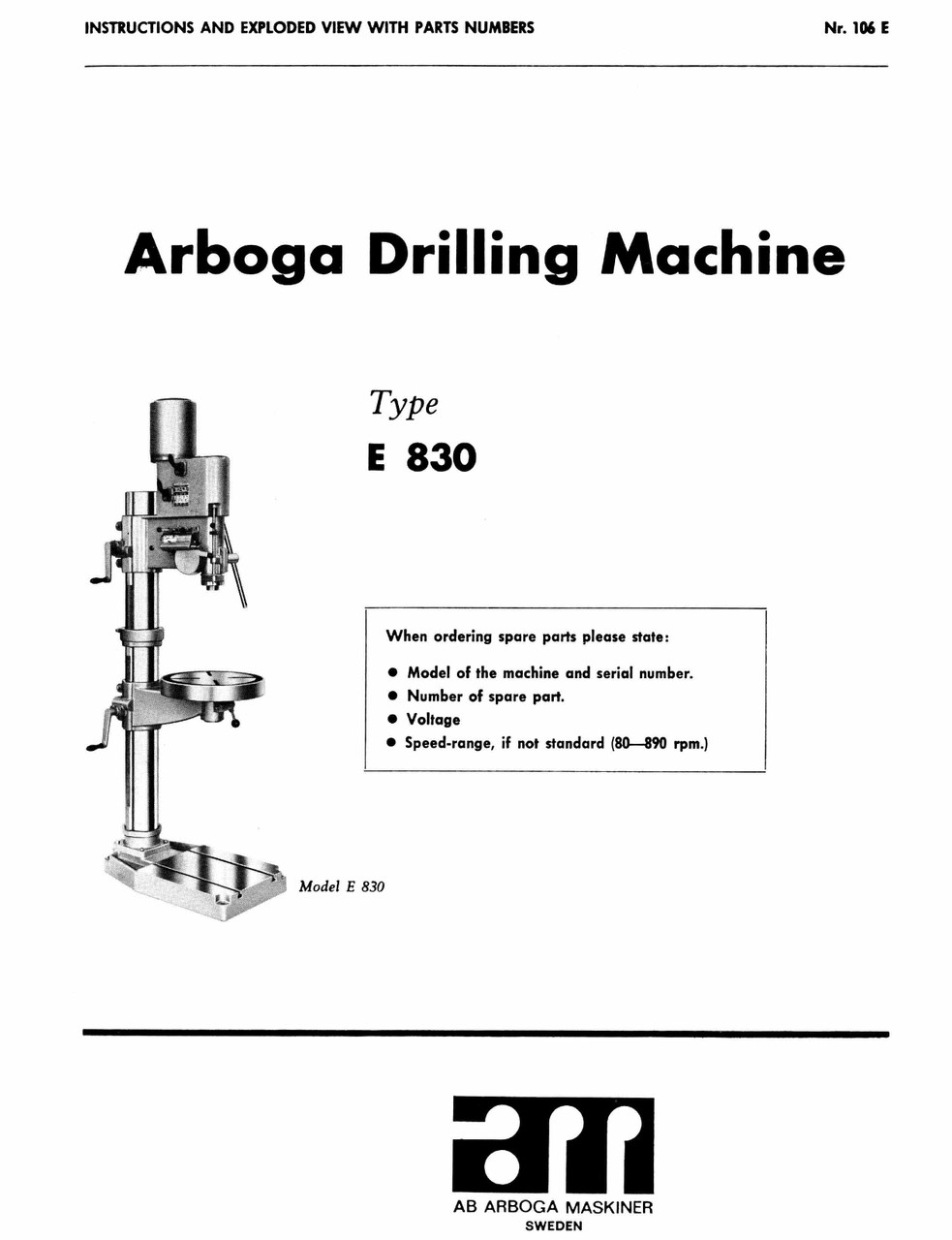 Arboga Maskiner Model E830 Manual