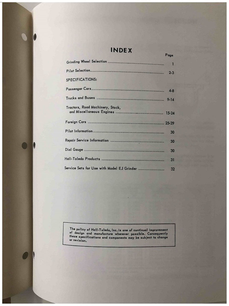 Hall Toledo 1961 Specification Manual