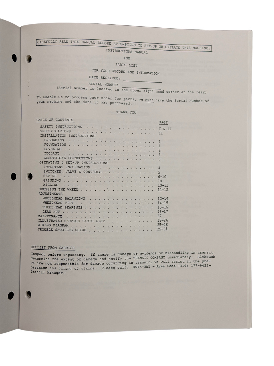 Kwik Way Model 858 Surface Grinder Manual