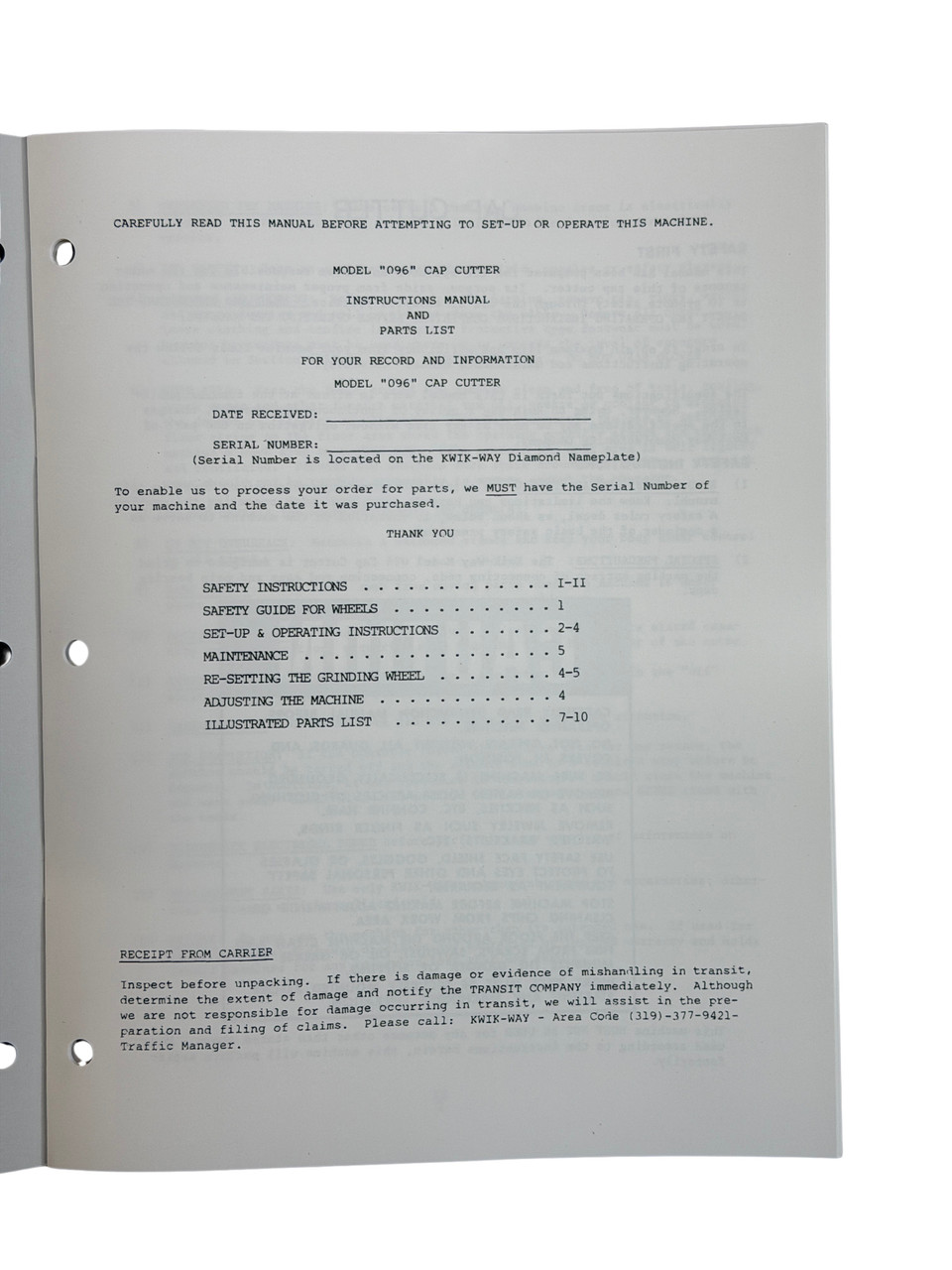 Kwik Way Model 096 Cap Grinder Manual