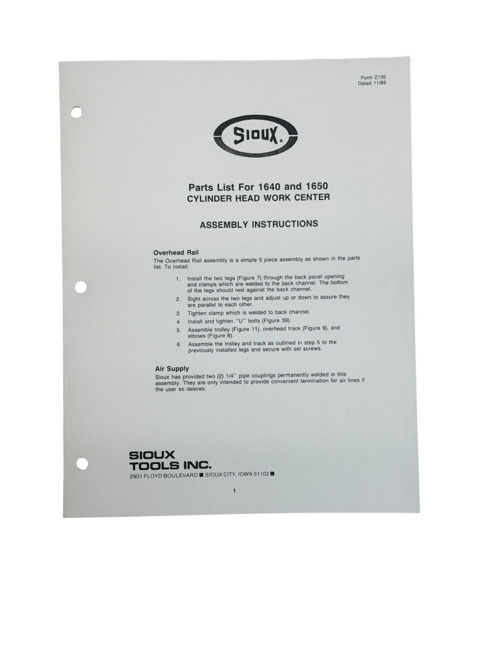 Sioux Model 1640 & 1650 Valve Seat Grinder Bench Manual