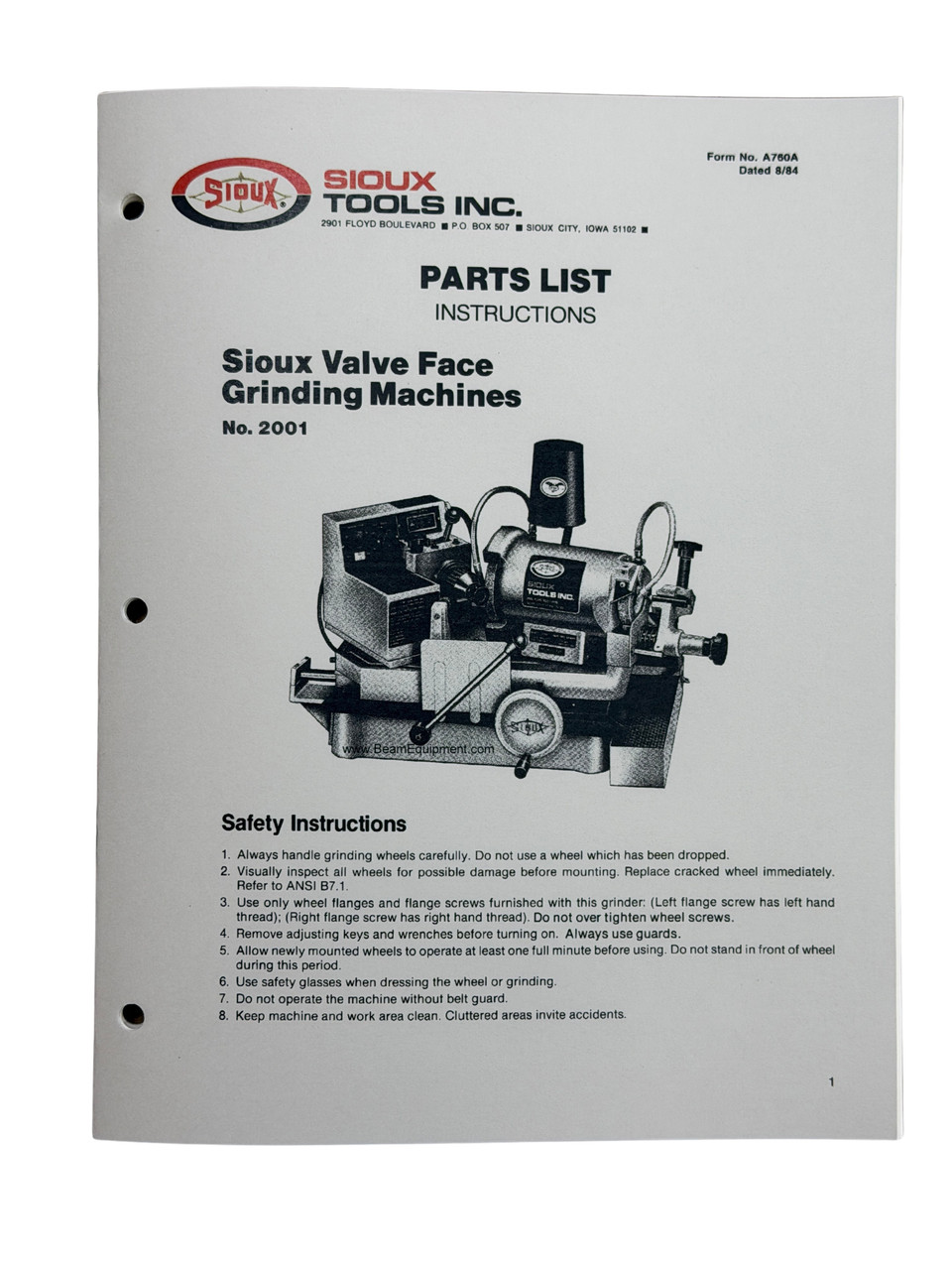 憂　ページ Sioux Model 2001 Valve Grinder Instruction and Parts Manual