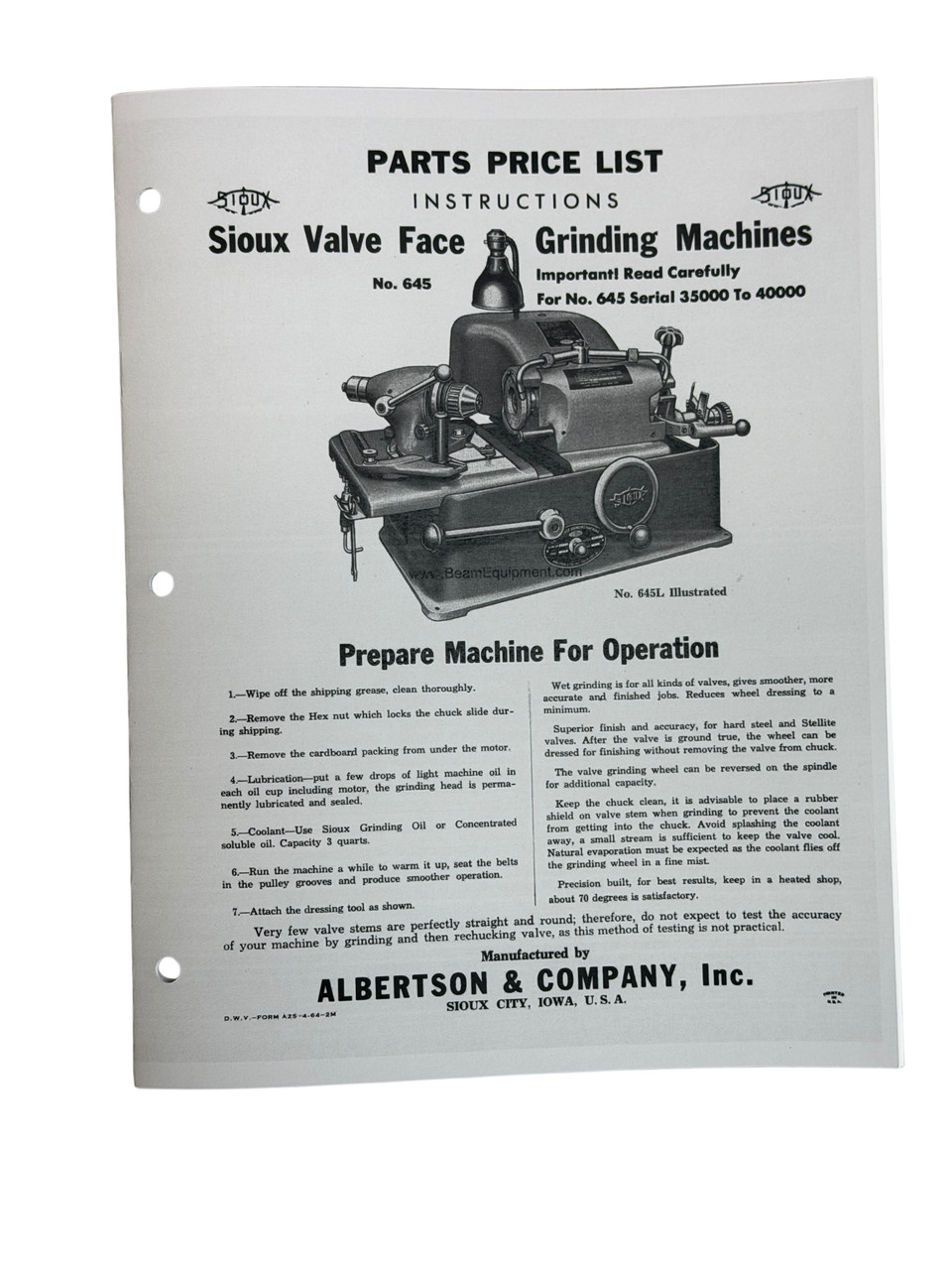 Sioux Model 645 & 645L Valve Grinder Manual Serial 35,000 to 40,000