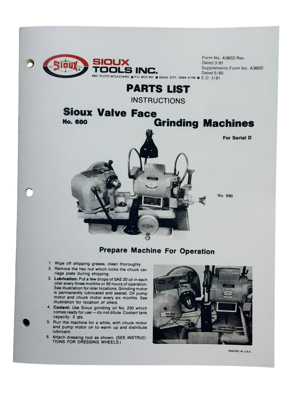GD1994Lページ Sioux Model 680 Valve Grinder Instruction and Parts Manual