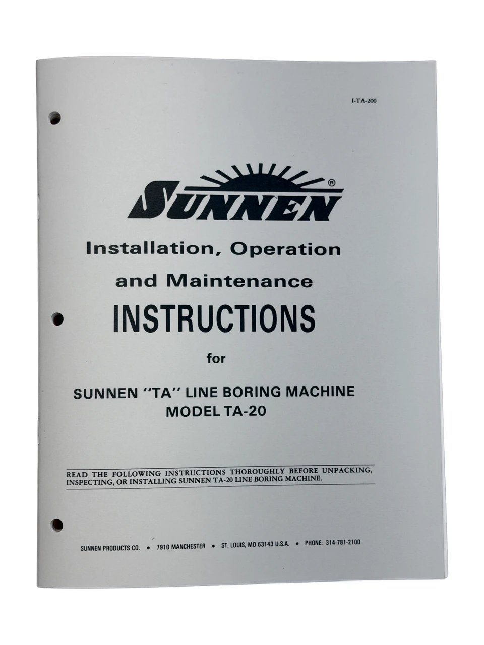Sunnen Model TA-20 Line Bore Machine Instruction Manual