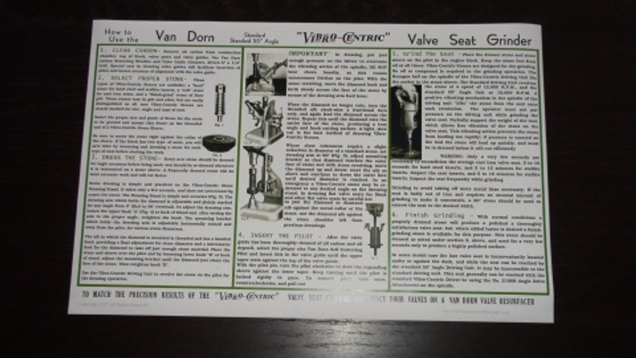 Van Dorn Valve Seat Grinder Instruction Sheet