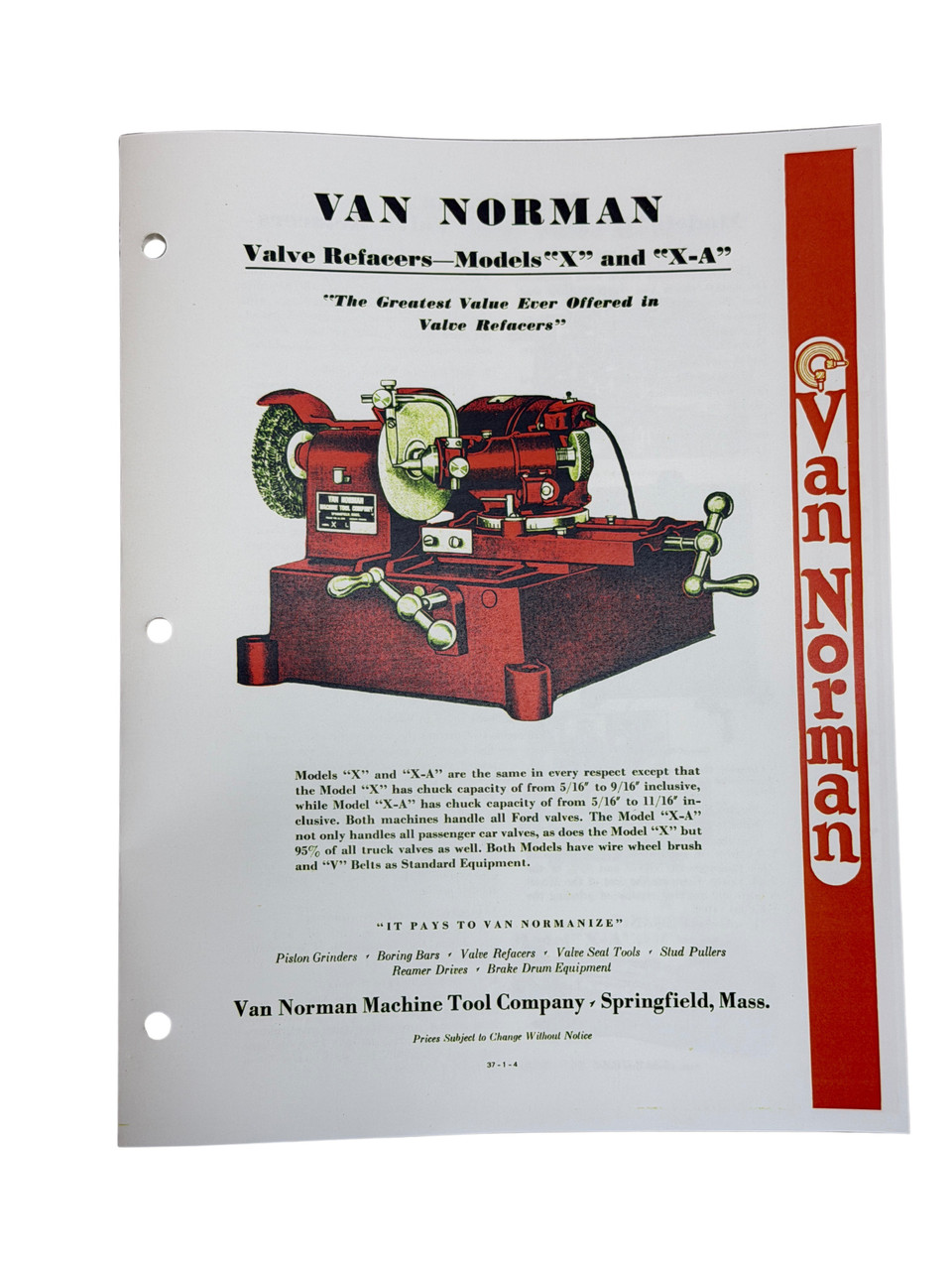 Van Norman Model  X & XA  Valve Grinder Flier