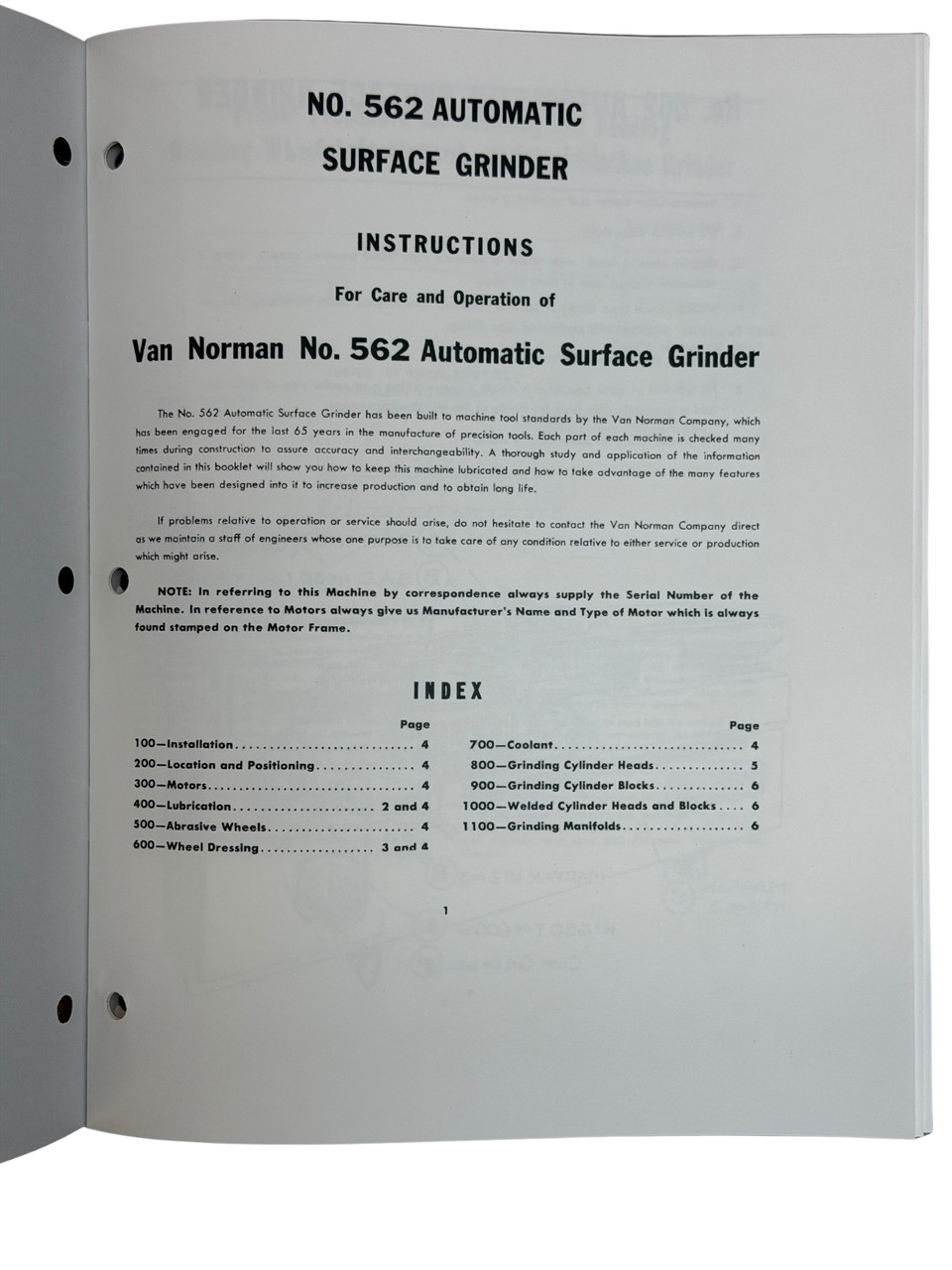 Winona Van Norman Model 562 Surface Grinder Manual