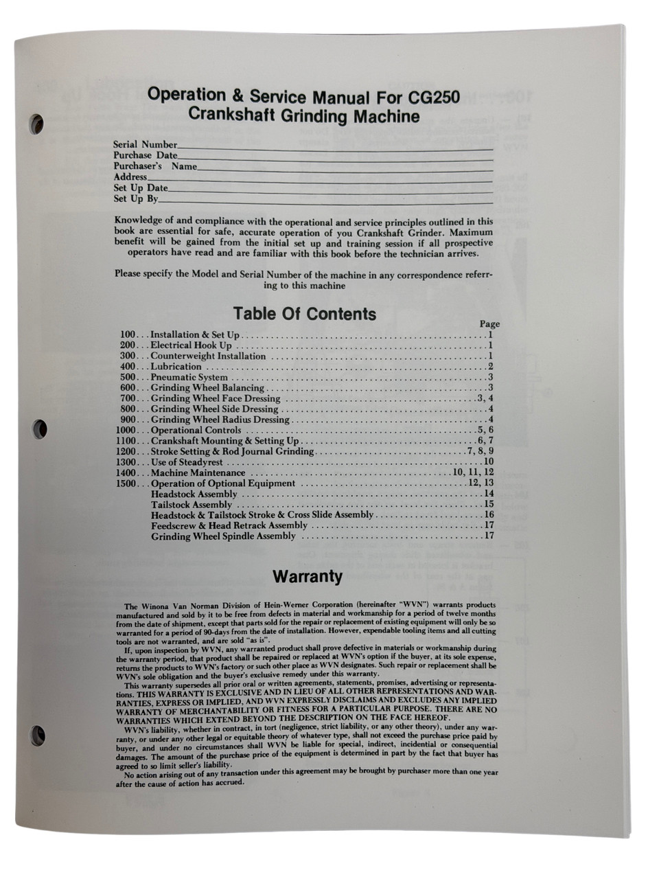 Winona Van Norman Model CG250 Crankshaft Grinder Manual