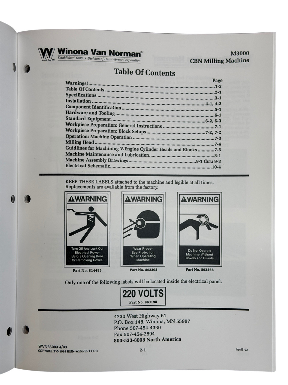 Winona Van Norman Model M3000 Surfacer Manual