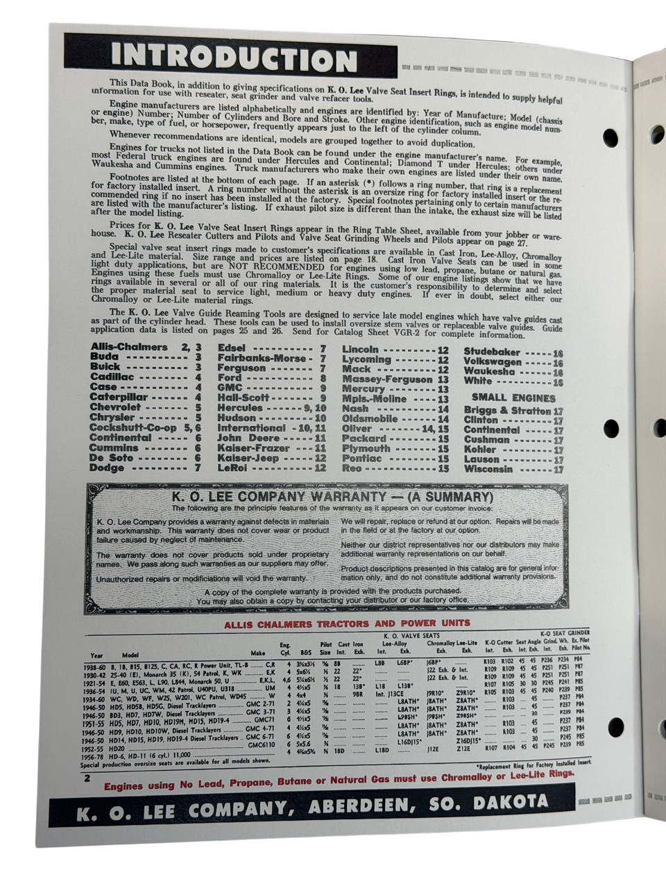 KO Lee Valve Seat Data Book 1978