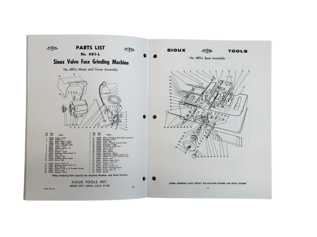 Sioux Model 685L Valve Grinder Parts Manual