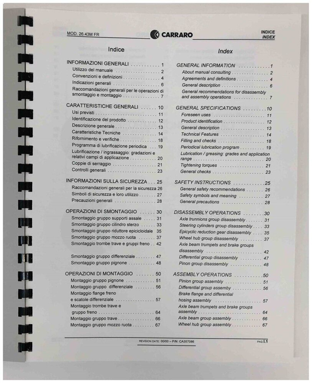Carraro Model 26.43M 10K Front Axle Repair Manual Pettibone Forklift