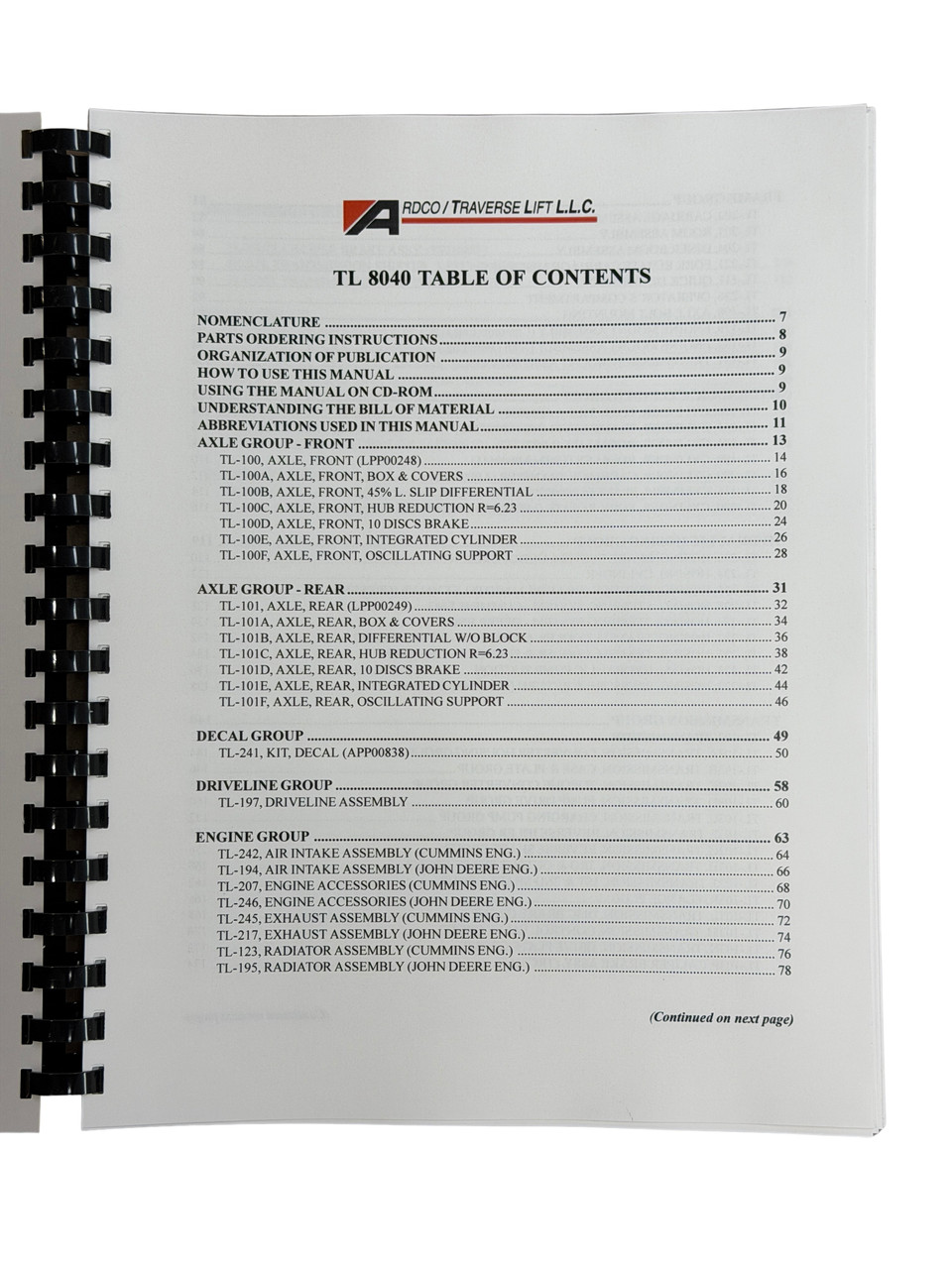 Traverse Forklift Model TL8040 Forklift Parts Manual