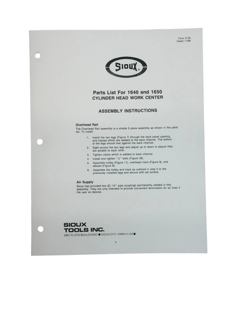 Sioux Model 1640 & 1650 Valve Seat Grinder Bench Manual