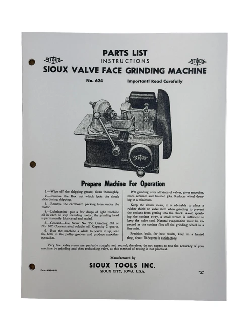 Sioux Model 624 Valve Grinder Instruction and Parts Manual