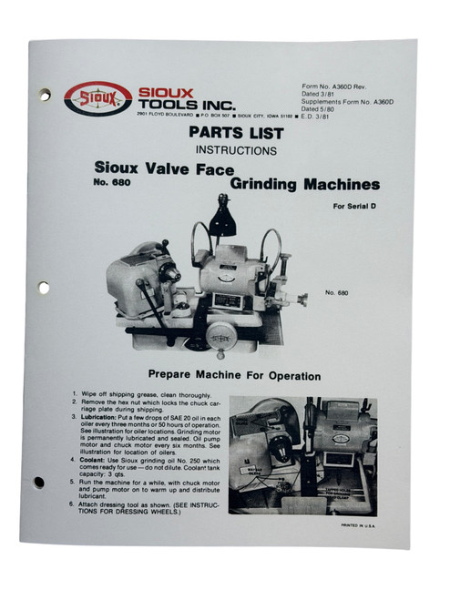 BENCOUGAR 1990 EXCIT 1218 カタログ Sioux Model 680 Valve Grinder Instruction and Parts Manual