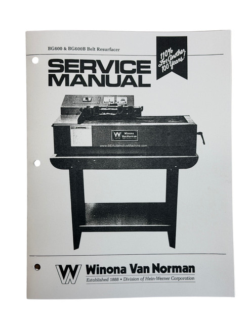 Winona Van Norman Model BG600 BG600B Belt Surfacer Manual