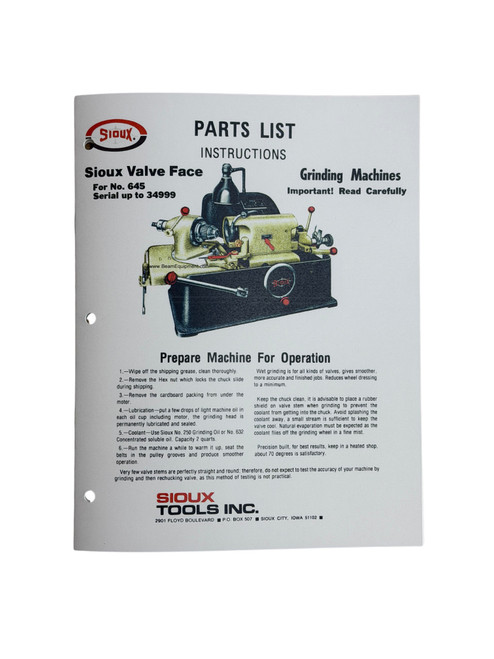 GOMAページ Sioux Model 645 & 645L Valve Grinder Manual SN 0 - 34999