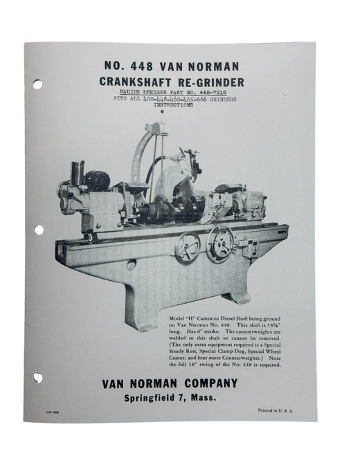 Van Norman Crankshaft Grinder Radius Dresser Instructions