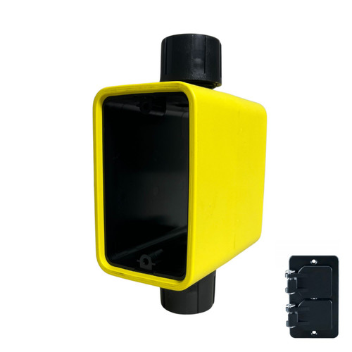 KH Industries Portable Extra Depth Outlet Box - Yellow, Feed Through w/ (2) Duplex Cover (WR), 3/4" Strain Relief