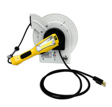 KH Industries Industrial Cord Reel with 1500 Lumen LED Task Light, 50' Black 16/3 SJOW
