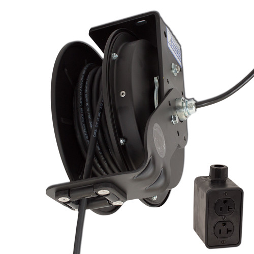 KH Industries Retractable Cord Reel, 20 Amp, Black Reel, GFCI/Blank Outlet Box, 25' 12/3 SJOW