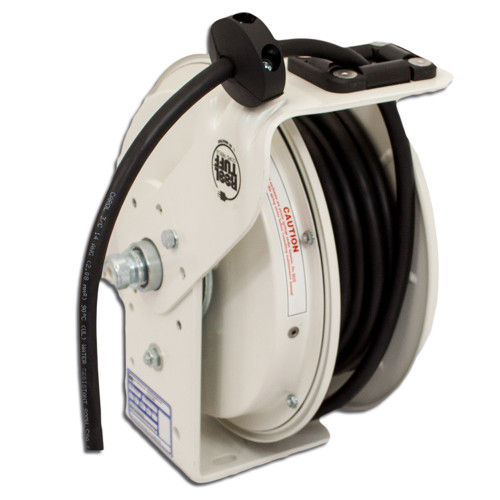 KH Industries Retractable Cord Reel, 20 Amp, White Finish, 25' 12/3 Black SJOW, Blunt Cut