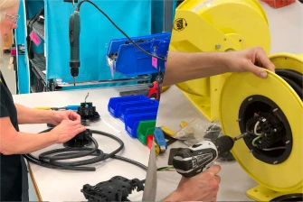 Technician performing in-process quality inspection on assembly line