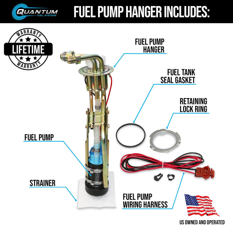 QFS 525LPH Fuel Pump w/ Fuel Pump Hanger for 1979-1993 Ford Fox Body Mustang (Choose AN Fittings) - Automotive Performance, HFP-AN525FT | QFS 