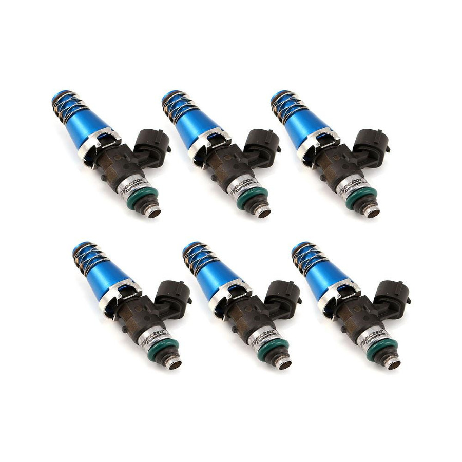 Injector Dynamics ID1300, for 97-05 NSX / C Series, 11mm (blue adapter tops). 14mm bottom o-ring, machine o-ring retainer to 11mm. Set of 6. 