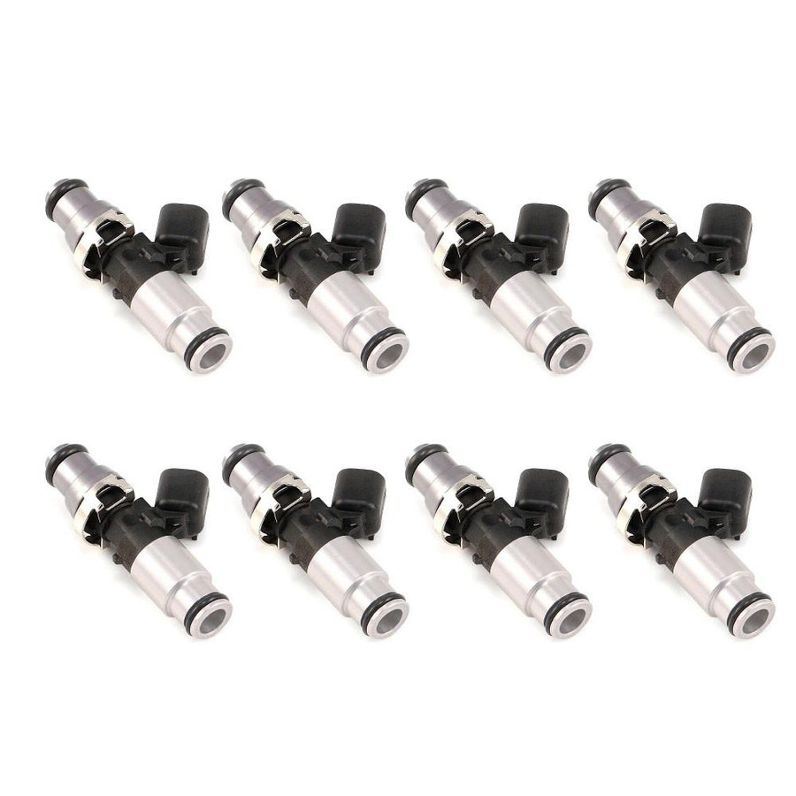 Injector Dynamics ID1300-XDS, for 2011+ Ford Mustang GT 5.0L Coyote applications. 14 mm (grey) adapter top AND (blue) BOTTOM adapter. Direct plug-in. Set of 8. 