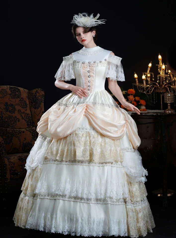 Champagne satin lace Baroque vintage dress with period-inspired styling