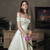 White Satin Off the Shoulder Embroidery Short Wedding Dress