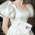 White Satin Square Puff Sleeve Wedding Dress With Bow