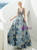 Blue Embroidery Print V-neck Backless Beading Prom Dress