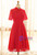 Plus Size Red Lace High Neck Short Sleeve Tea Length Prom Dress