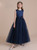 Navy Blue Tulle Satin Sequins Flower Girl Dress With Bow