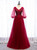 Burgundy Tulle V-neck Long Sleeve Beading Prom Dress