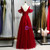 Burgundy Tulle Sequins V-neck Prom Dress