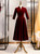 Burgundy Velvet Short Sleeve Tea Length Prom Dress