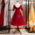 Burgundy Tulle Short Sleeve Appliques Prom Dress